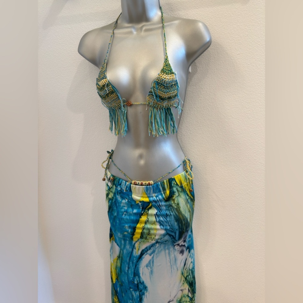 Handmade Blue & Yellow Crochet Triangle Bikini Top with Fringe + Skirt/Dress